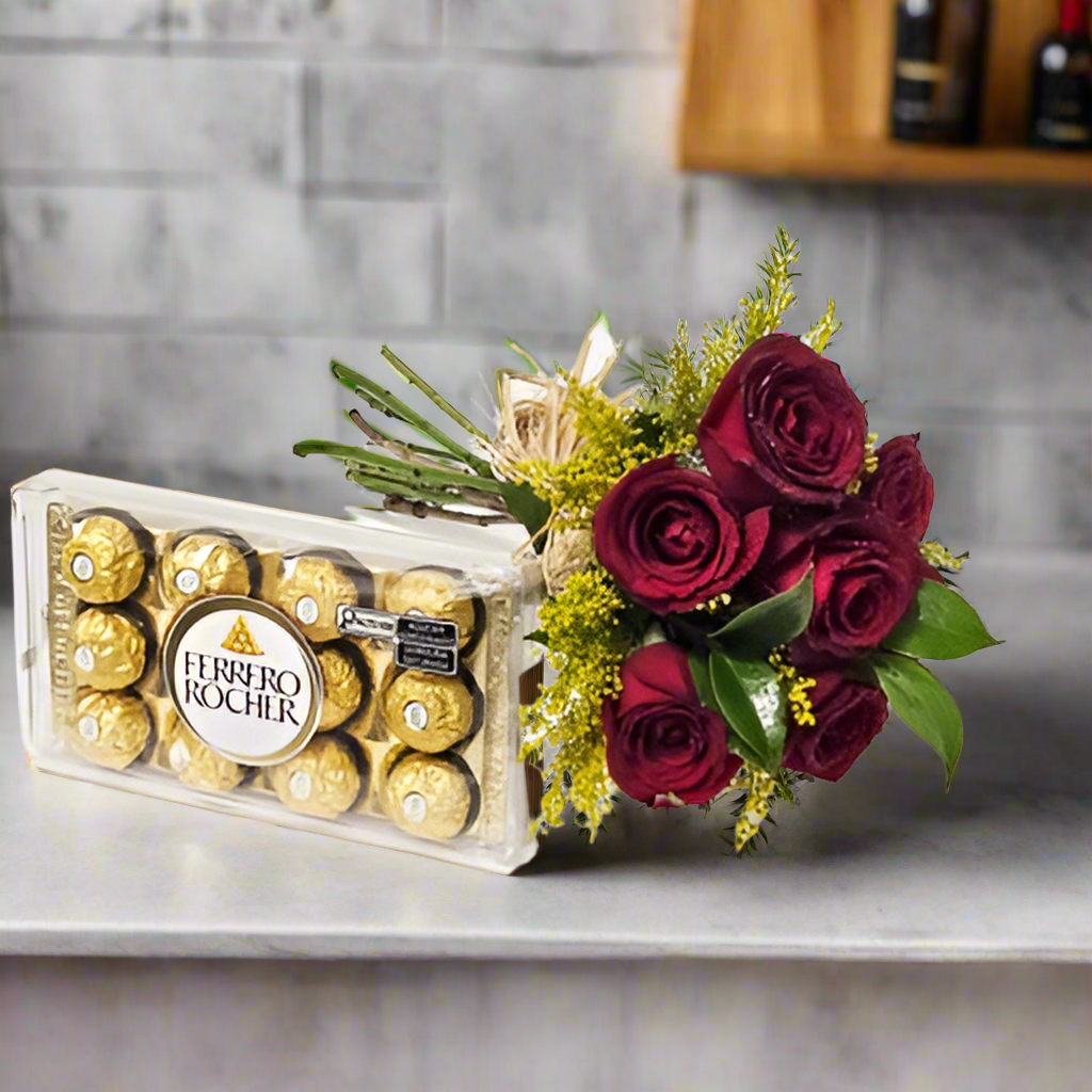 Buquê 7 Rosas com Bombons Ferrero Rocher