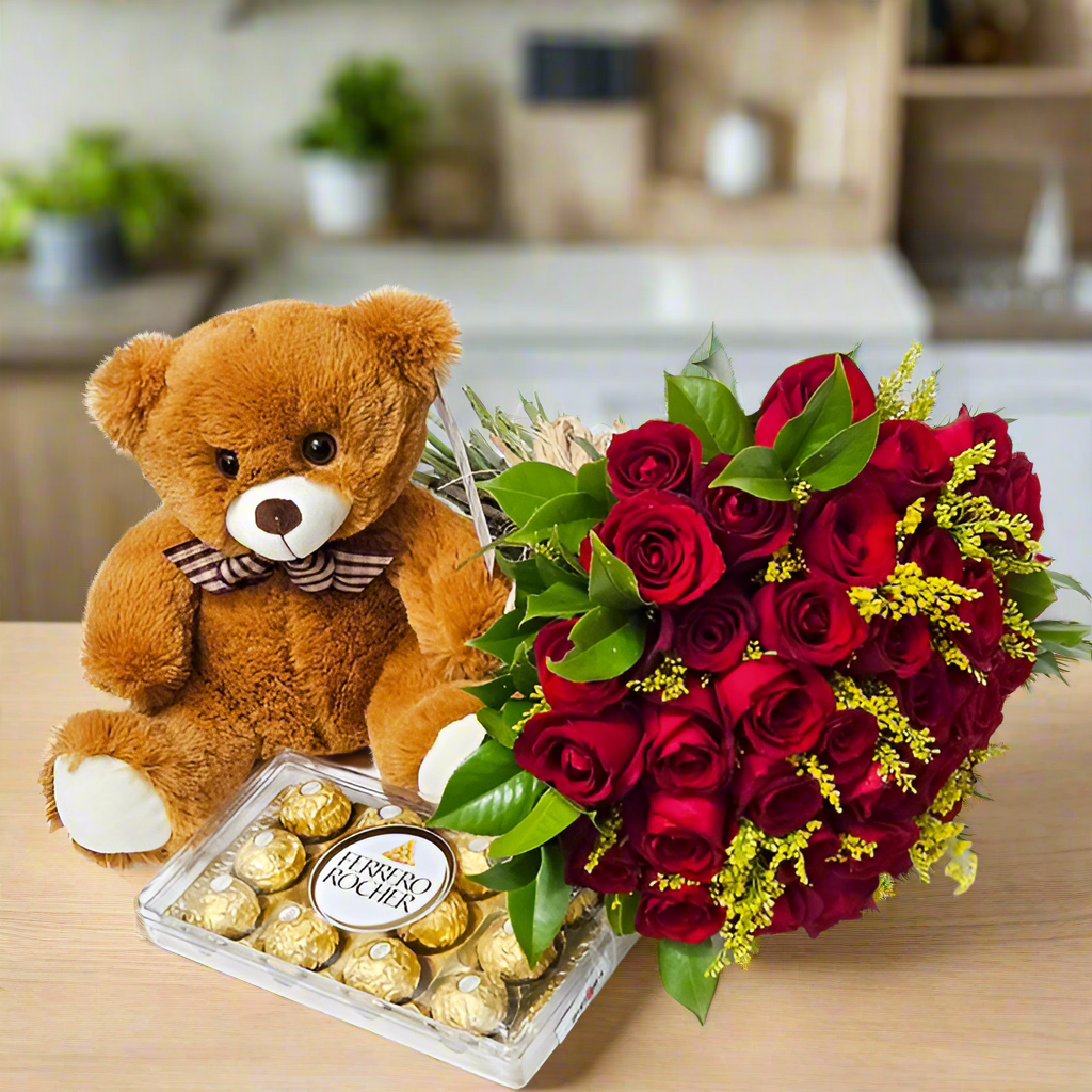Buque 30 Rosas com Ferrero e ursinho