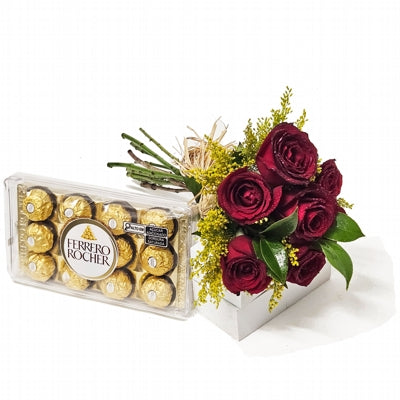 Buquê 7 Rosas com Bombons Ferrero Rocher