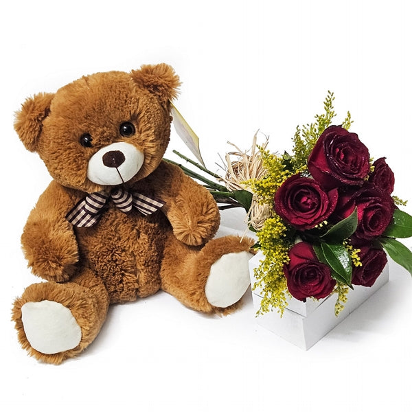 Buquê 7 Rosas com Pelucia