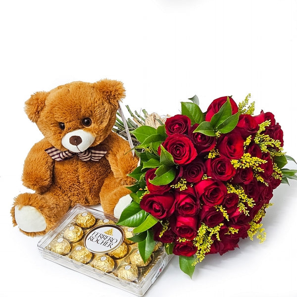 Bouquet of 30 Roses with Ferrero and Teddy Bear