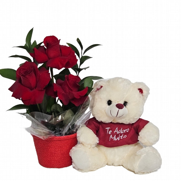 Trío de Rosas Colombianas con Ursinho Adorável