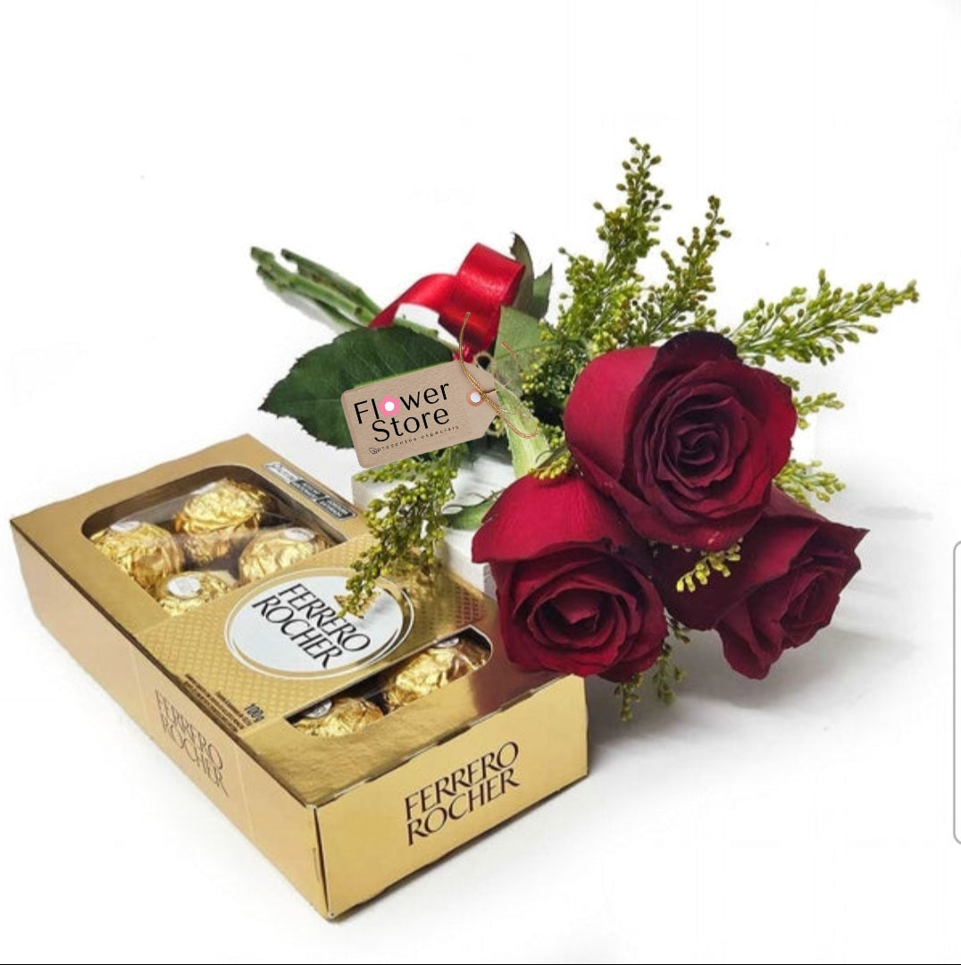 Buquê 3 rosas Vermelhas e Bombons