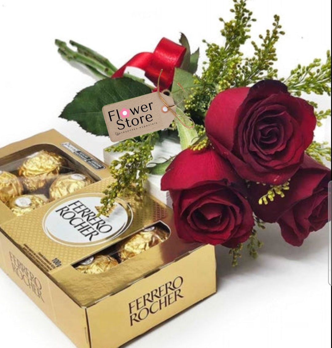 Buquê 3 rosas Vermelhas e Bombons