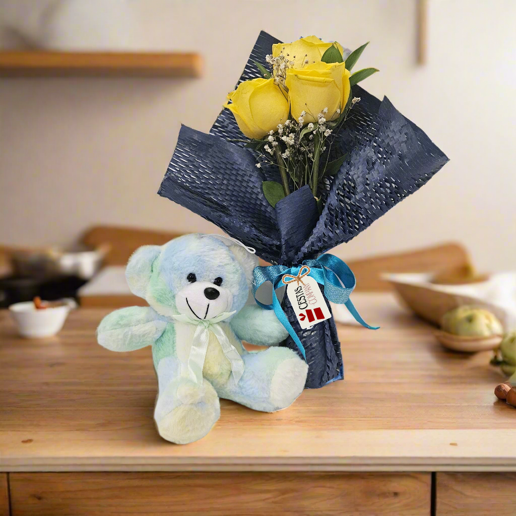 Buquê Trio de Rosas Colombianas Yellow and Blue