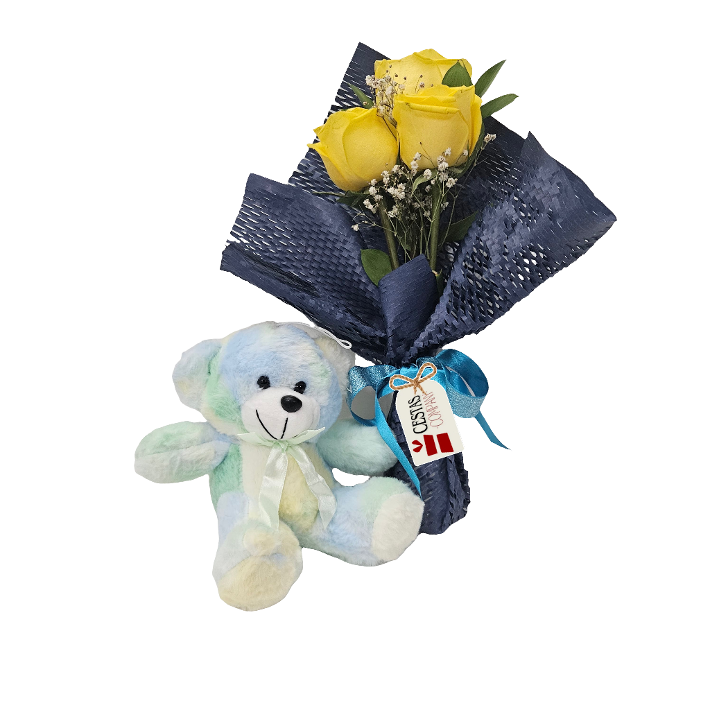 Buquê Trio de Rosas Colombianas Yellow and Blue