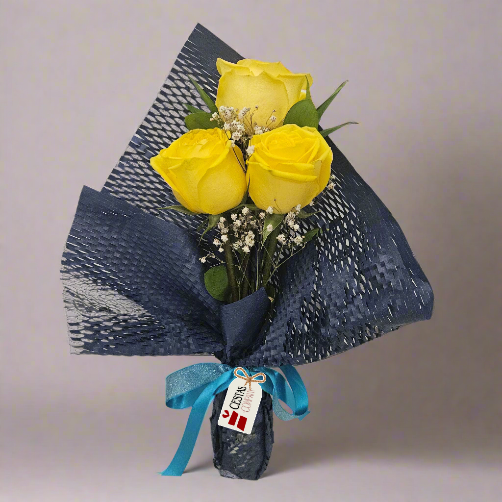 Buquê Trio de Rosas Colombianas Yellow and Blue