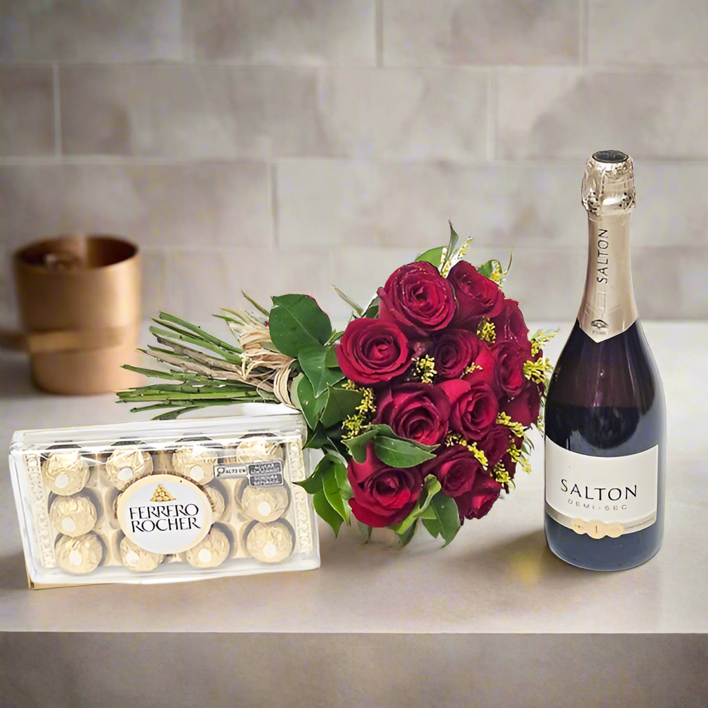 Bouquet of 18 Red Roses Sparkling Wine Chocolates