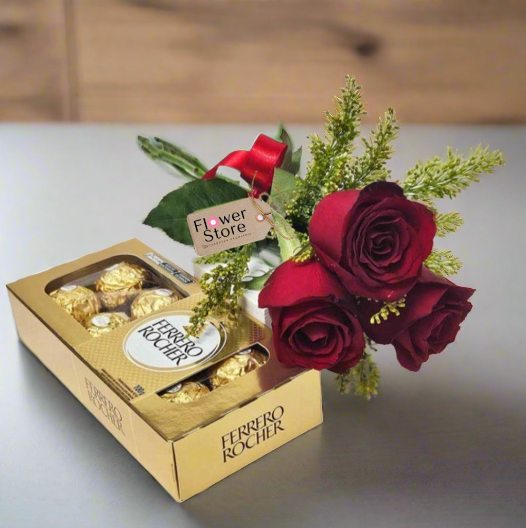 Buquê 3 rosas Vermelhas e Bombons