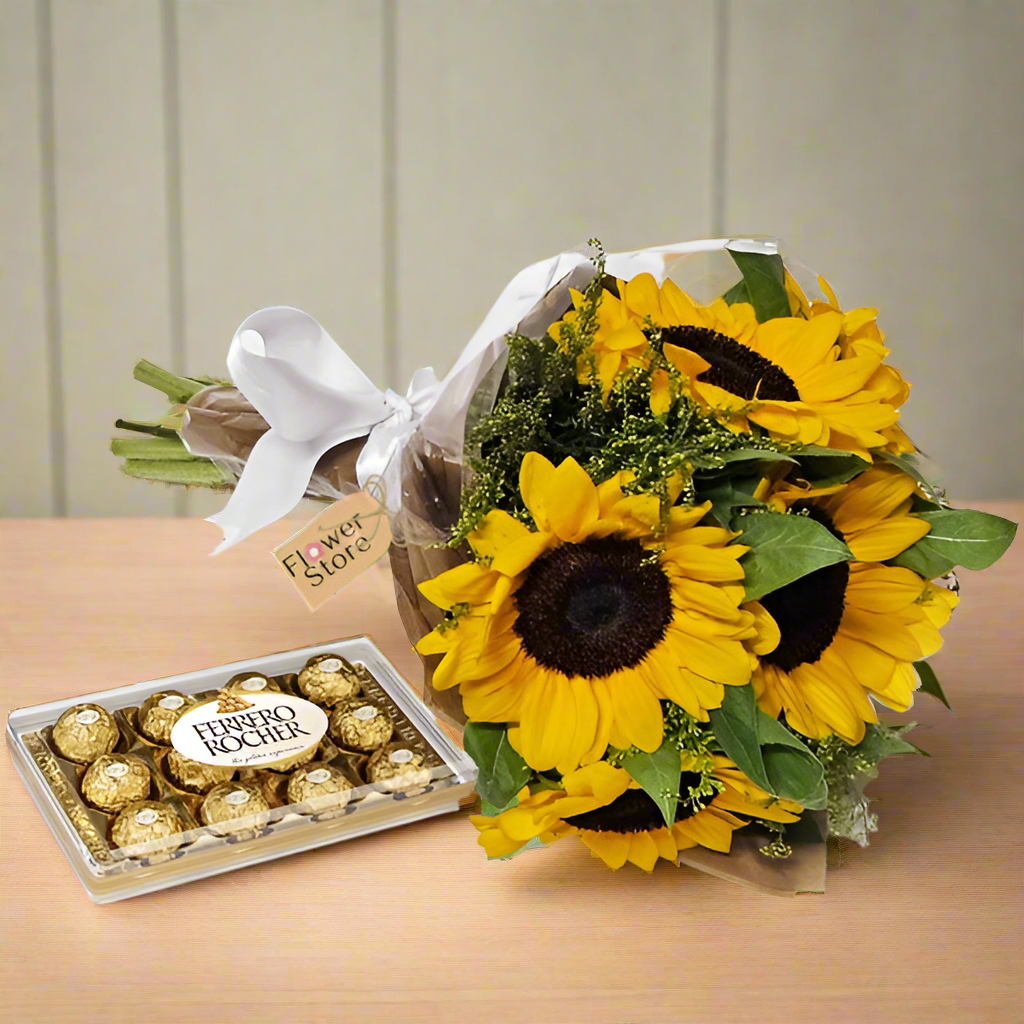 Buquê de Girassóis com Bombons Ferrero Rocher