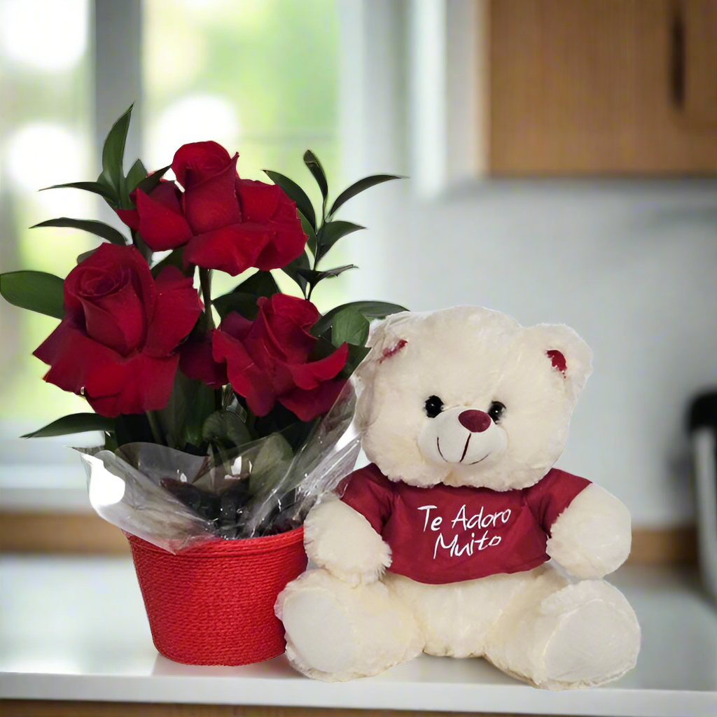 Trío de Rosas Colombianas con Ursinho Adorável