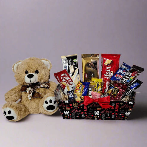 Cesta Carinho com Chocolates e Ursinho